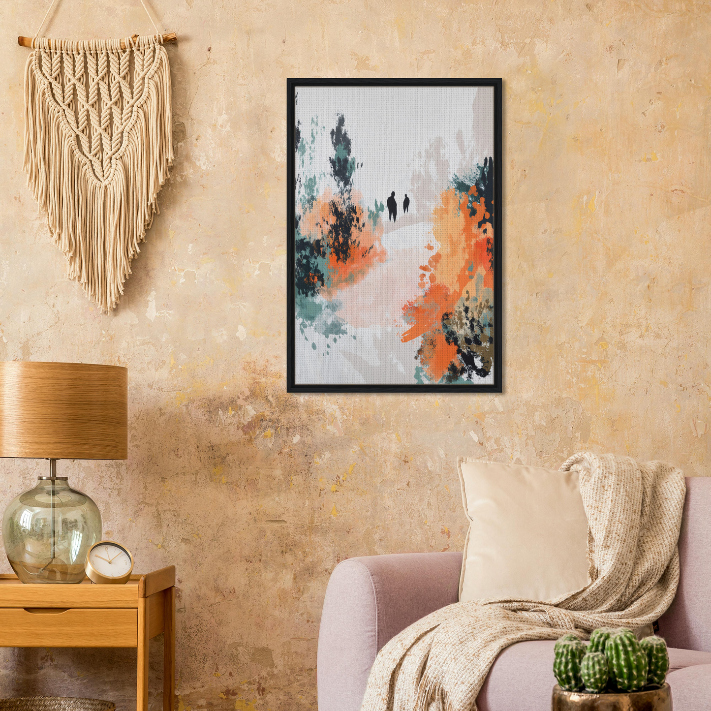 Framed abstract painting in orange, teal, and white for Serene Silhouette Saga room decor