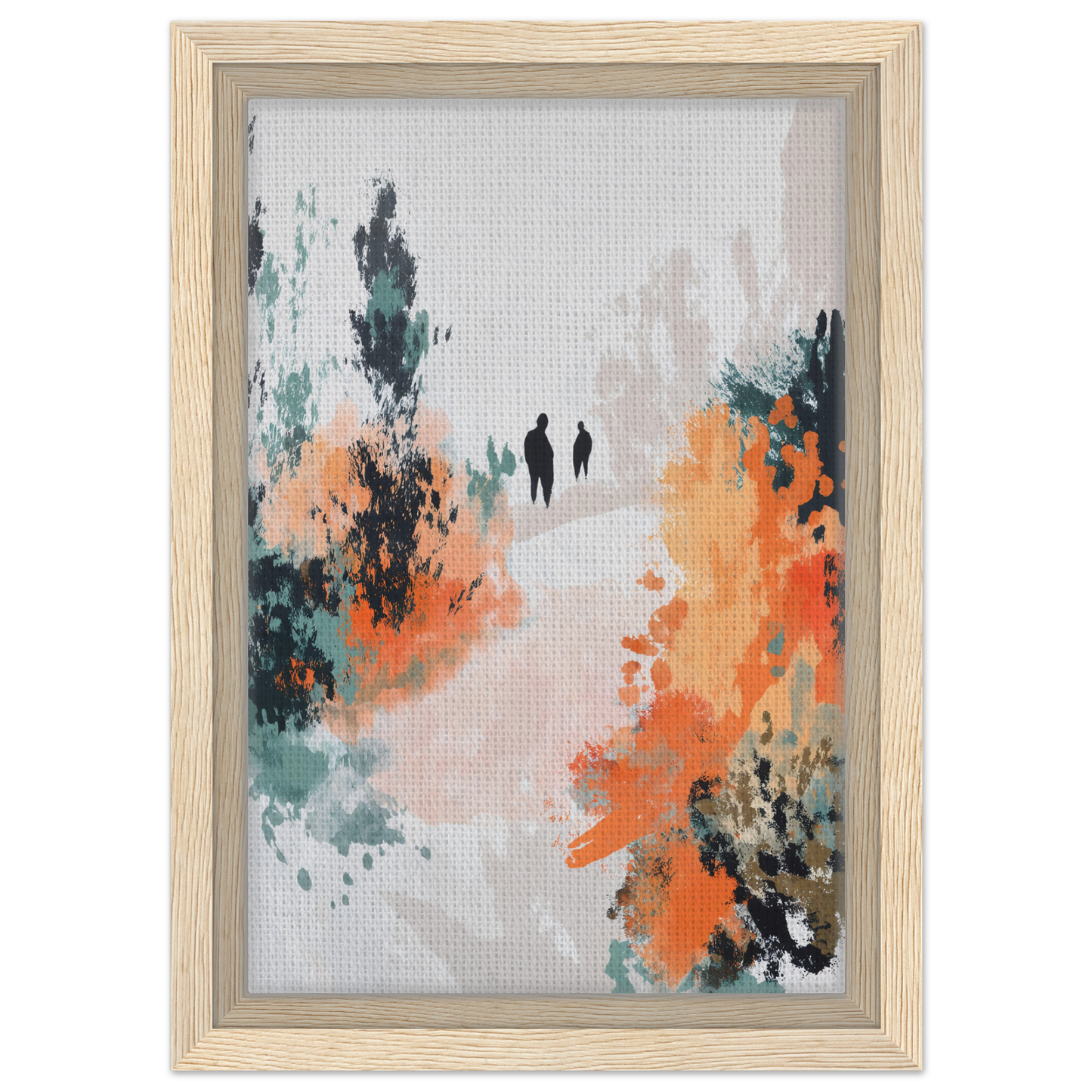 Abstract painting of two figures in vibrant brushstrokes for Serene Silhouette Saga framed canvas print