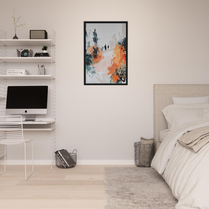 Modern bedroom featuring Serene Silhouette Saga framed canvas print and minimalist decor