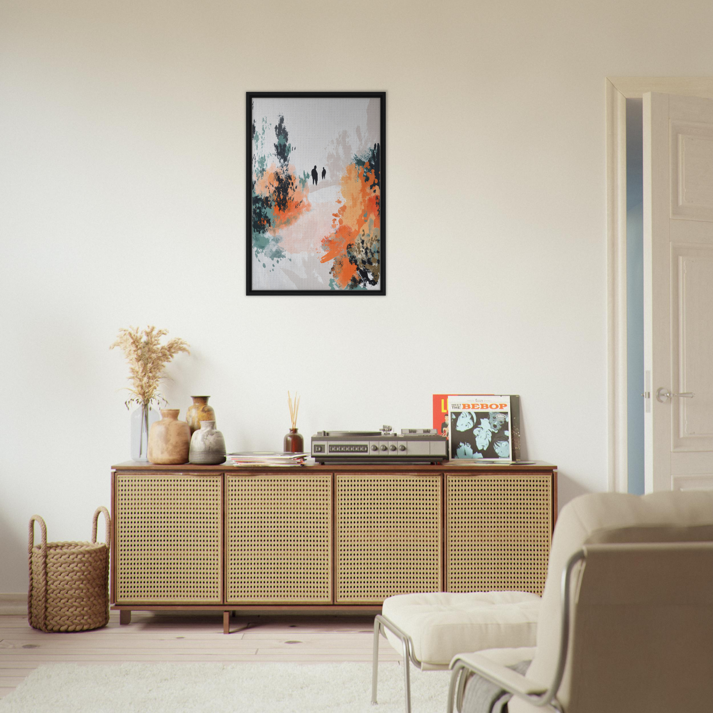 Wooden sideboard with cane-webbed doors in the Serene Silhouette Saga collection