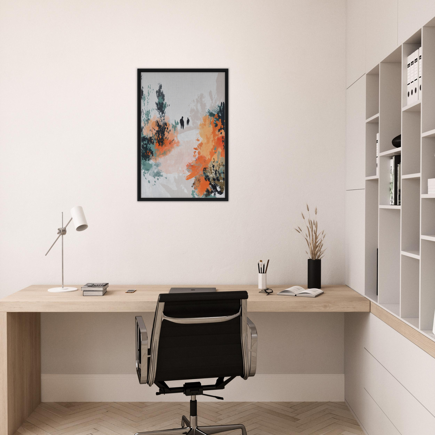 Minimalist home office featuring serene silhouette saga decor with wooden desk and chair