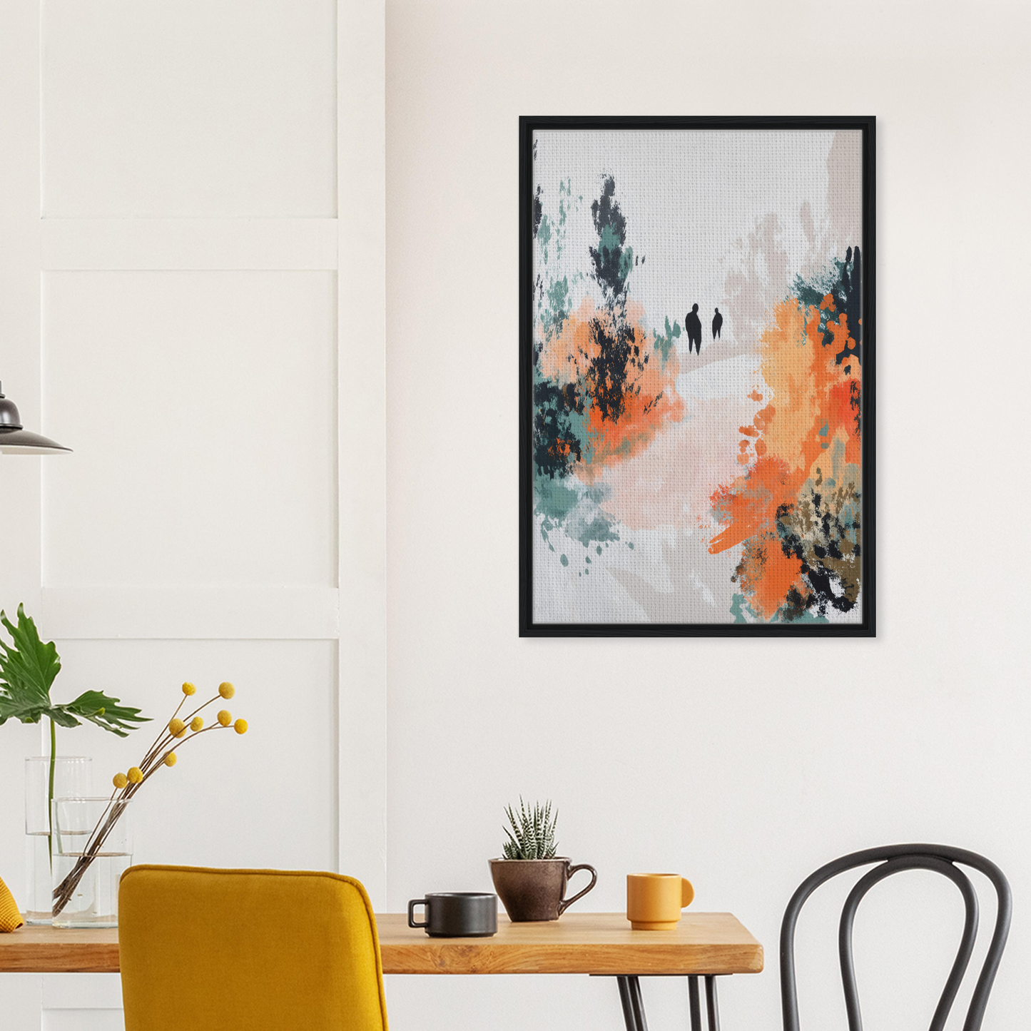 Abstract painting of two silhouettes on a colorful path, featured in Serene Silhouette Saga