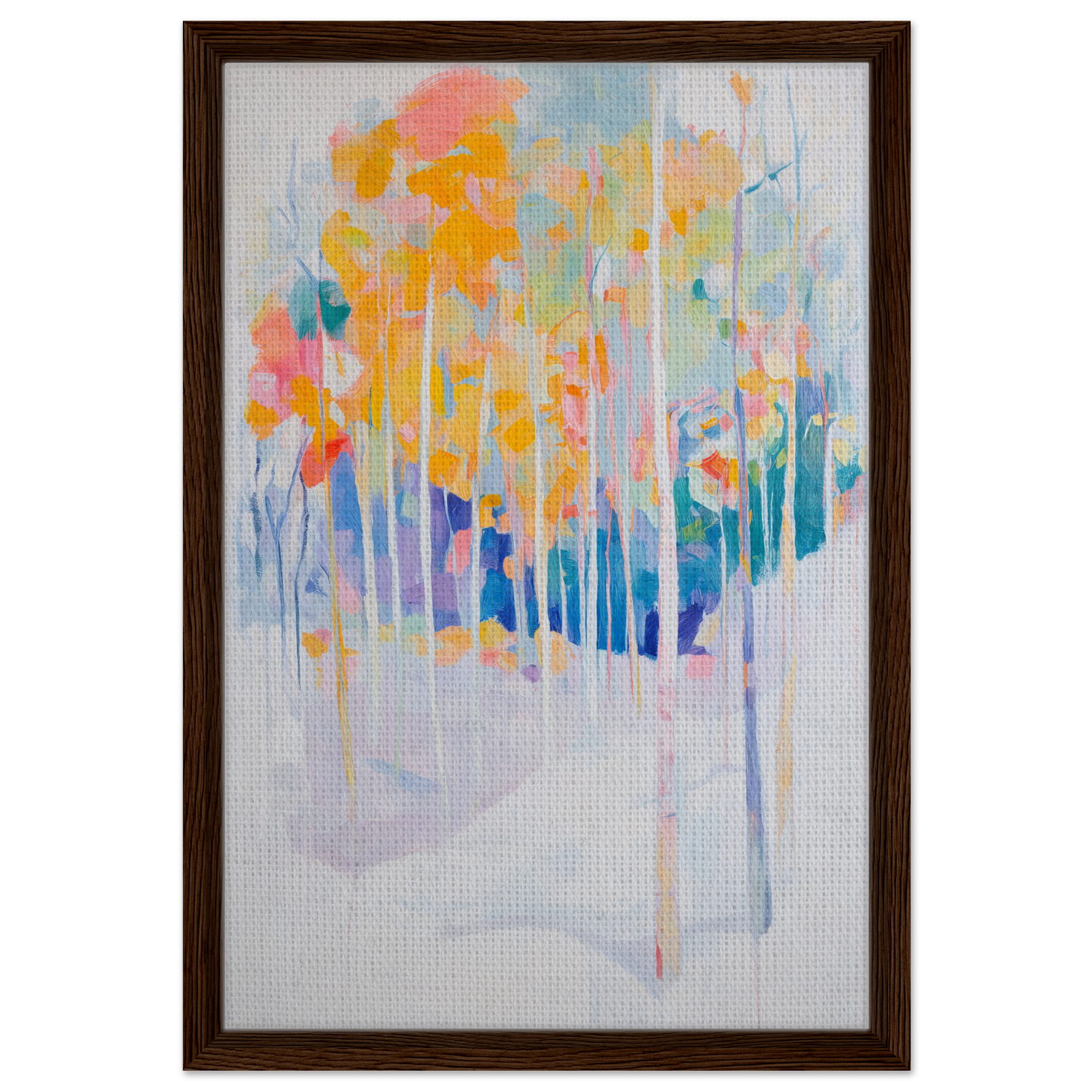 Abstract painting of colorful trees in a winter landscape for Serene Spectrum Rapids framed canvas print