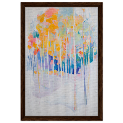 Abstract painting of colorful trees in a winter landscape for Serene Spectrum Rapids framed canvas print