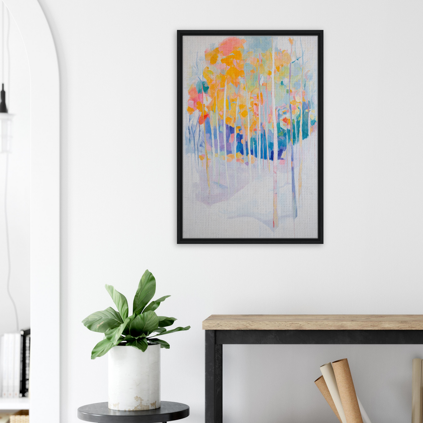 Abstract painting with colorful drips in a black frame, Serene Spectrum Rapids framed canvas print