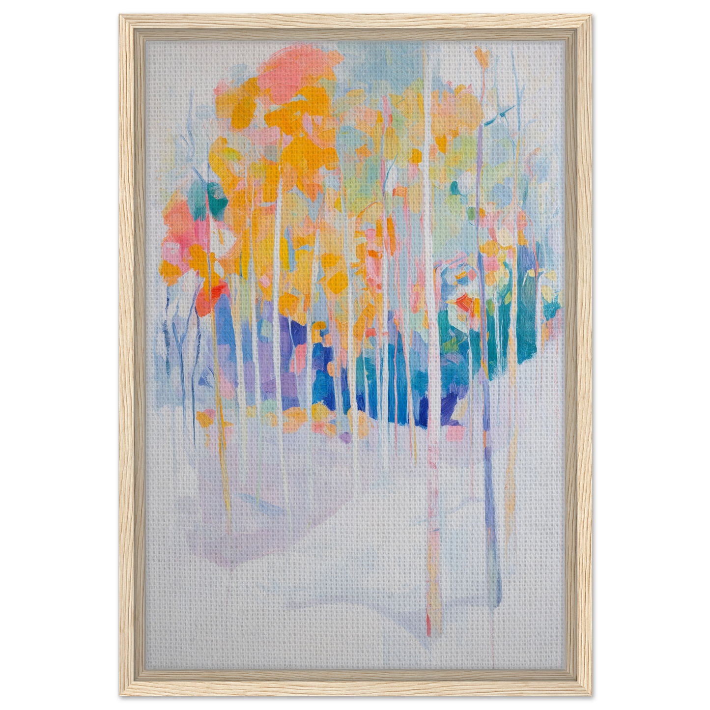 Abstract painting of colorful trees in light wooden frame for Serene Spectrum Rapids room decor