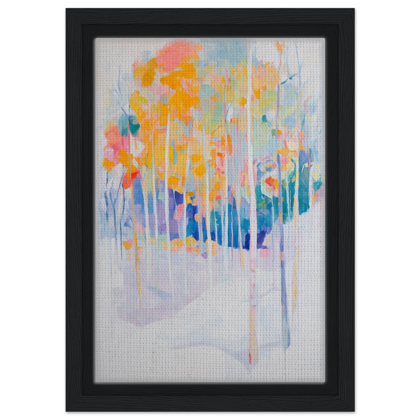 Abstract painting of colorful, dripping brushstrokes inspired by trees, Serene Spectrum Rapids