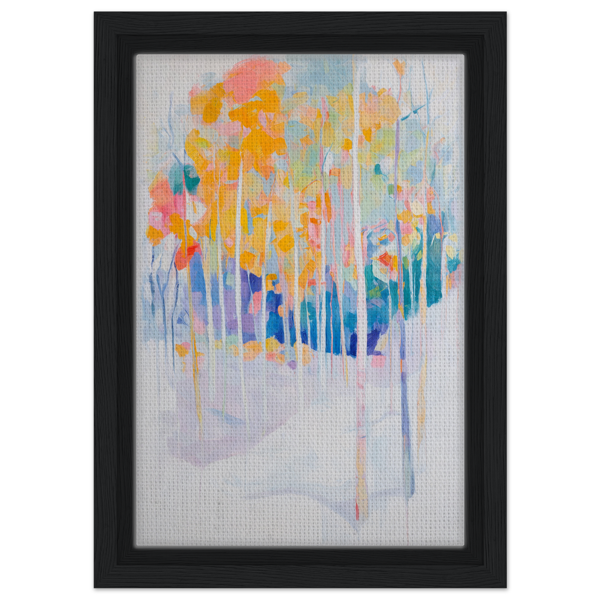 Abstract painting of colorful, dripping brushstrokes inspired by trees, Serene Spectrum Rapids