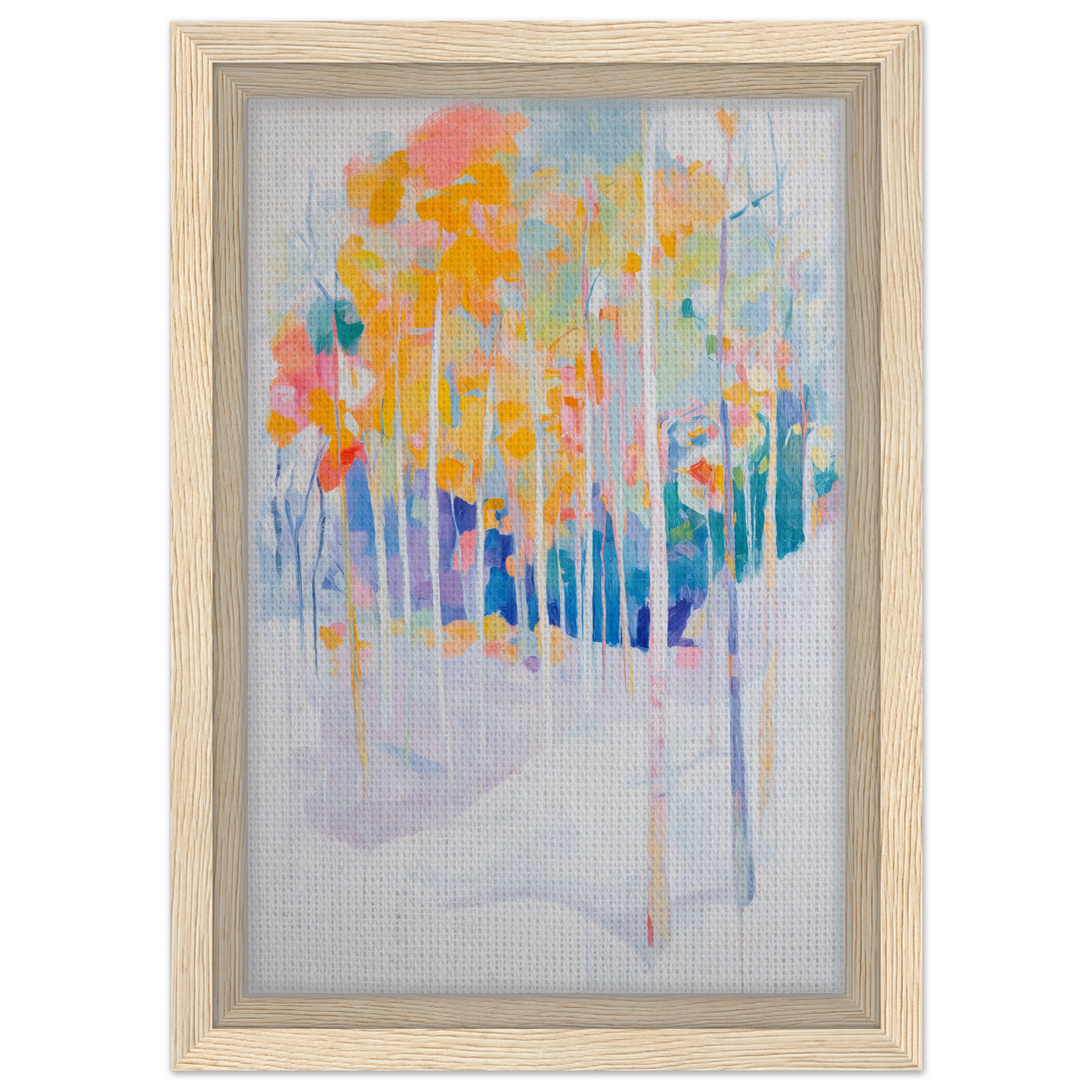 Abstract painting of colorful trees in a wooden frame for Serene Spectrum Rapids room decor