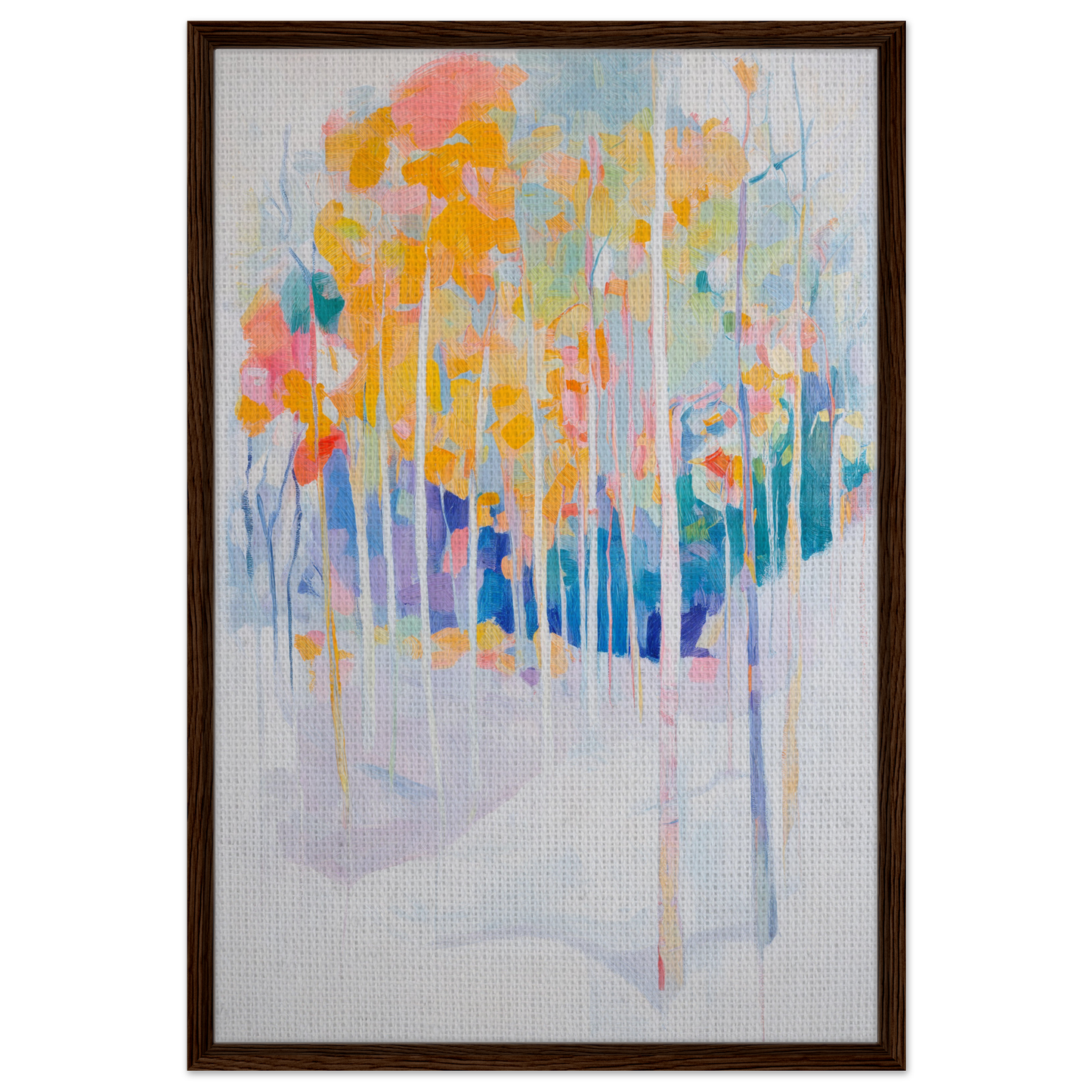 Abstract watercolor painting of colorful trees in Serene Spectrum Rapids framed canvas print