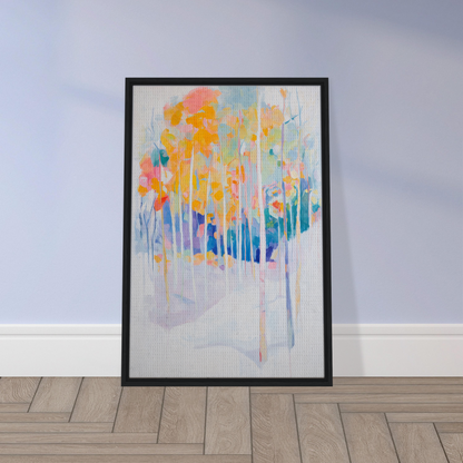 Framed canvas print of Serene Spectrum Rapids with colorful vertical brushstrokes