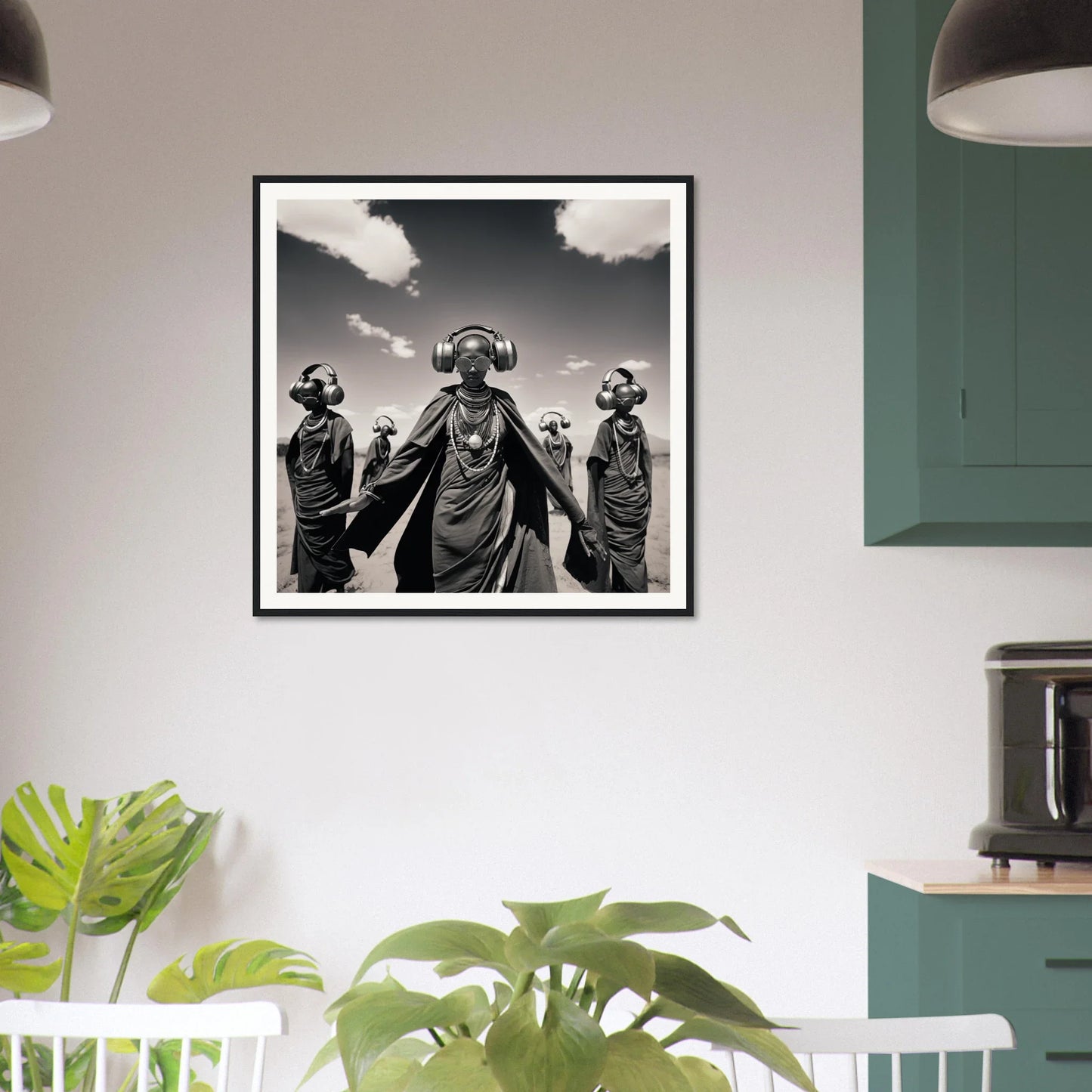 Framed black and white photo of gas mask figures in Serengeti Space Odyssey special edition