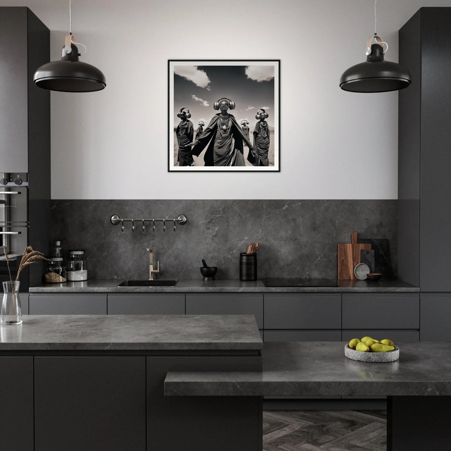 Modern dark gray kitchen with industrial lights and Serengeti Space Odyssey art