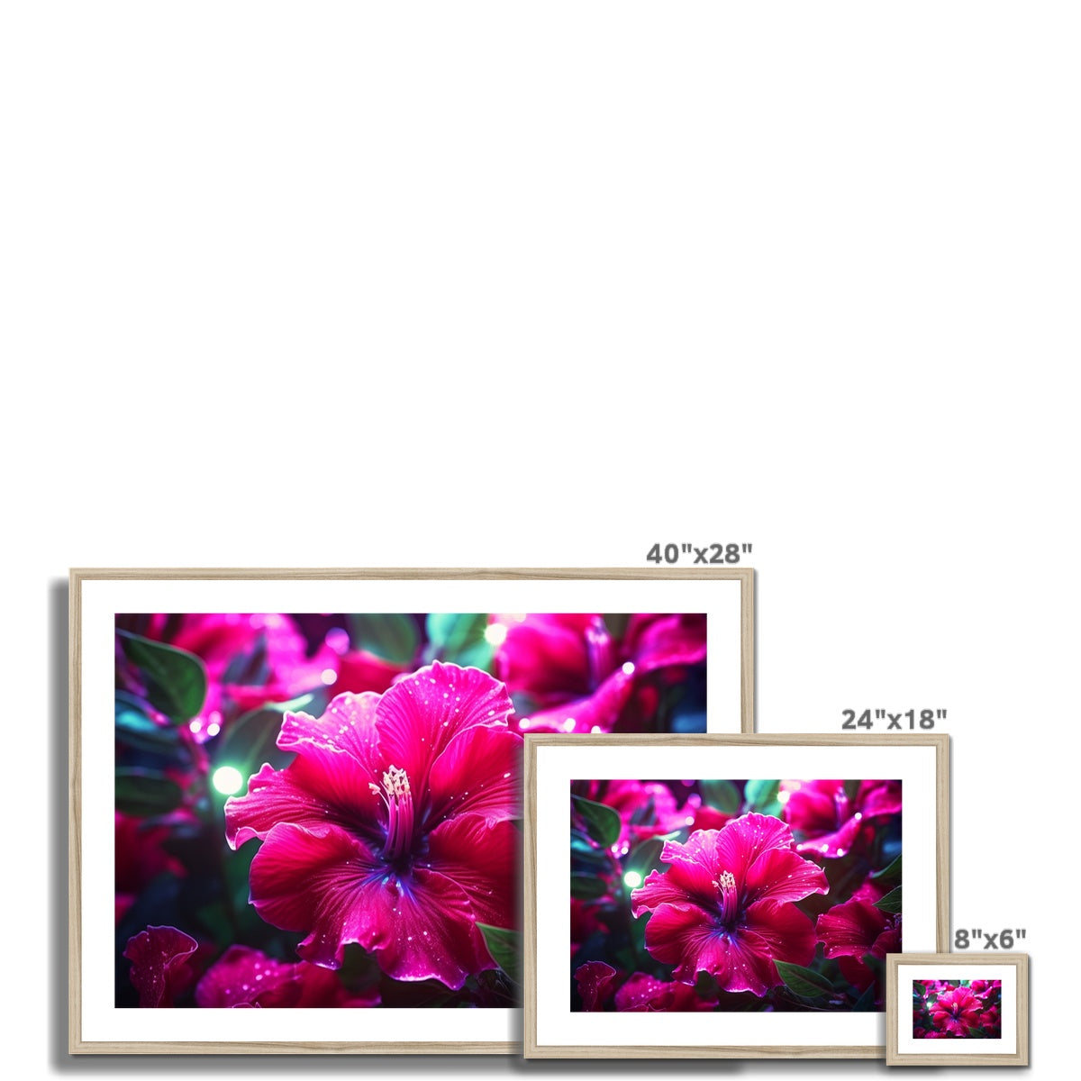 A set of three framed pictures with pink flowers