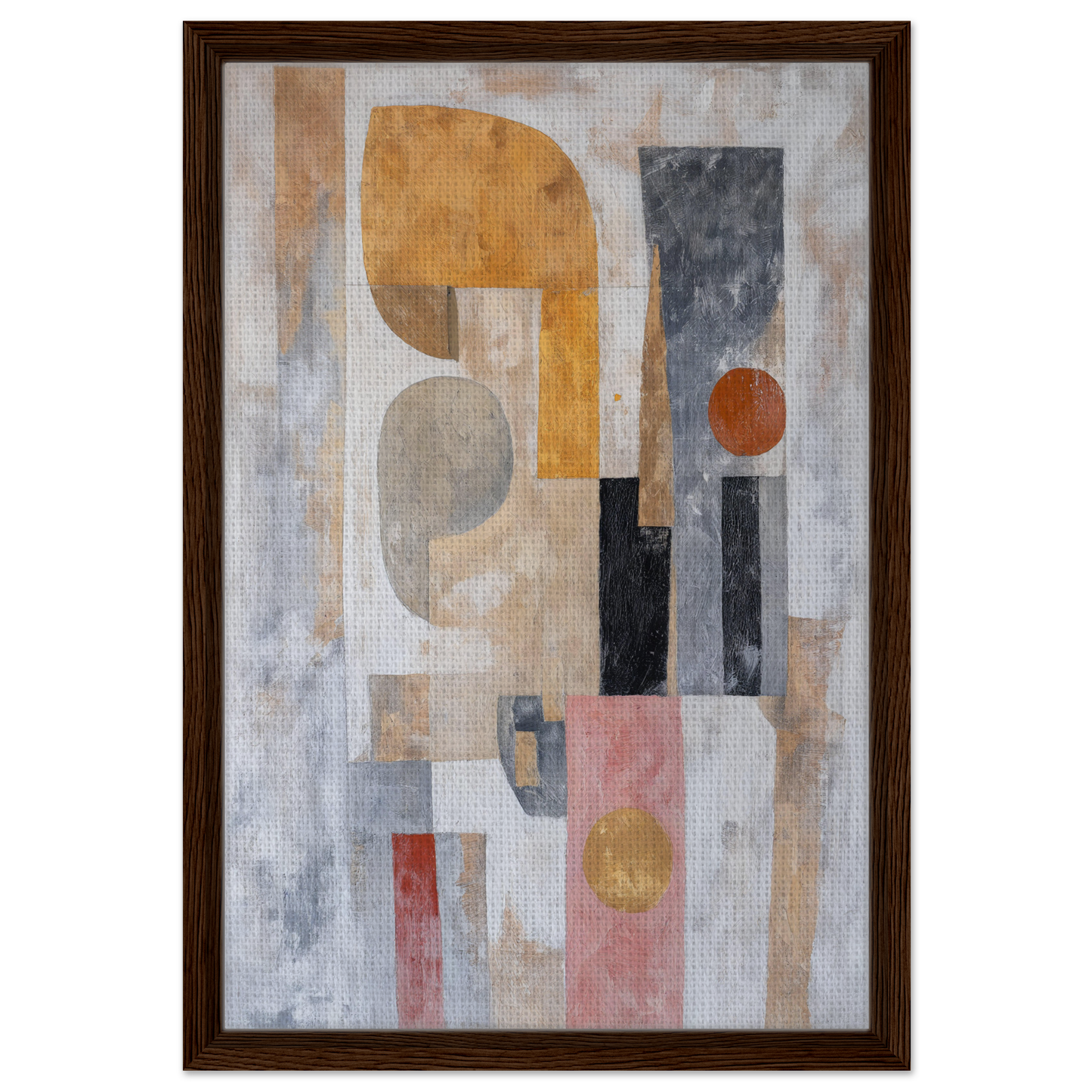 Abstract painting with geometric shapes in muted colors, Shapes Harmony Reverie framed canvas print