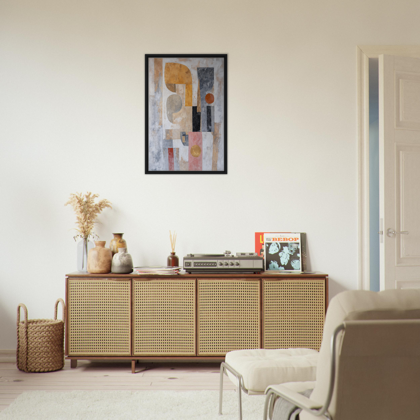 Wooden sideboard with cane-webbed doors and decor, featured in Shapes Harmony Reverie