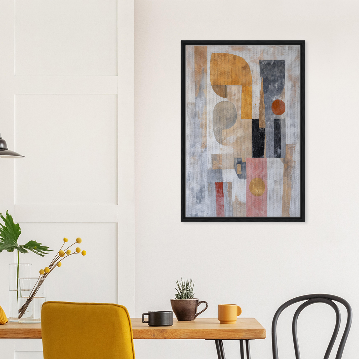 Abstract painting titled Shapes Harmony Reverie with geometric shapes in muted colors