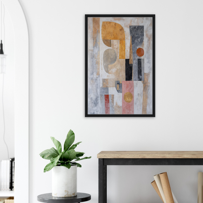 Abstract painting of muted geometric shapes in black frame, Shapes Harmony Reverie