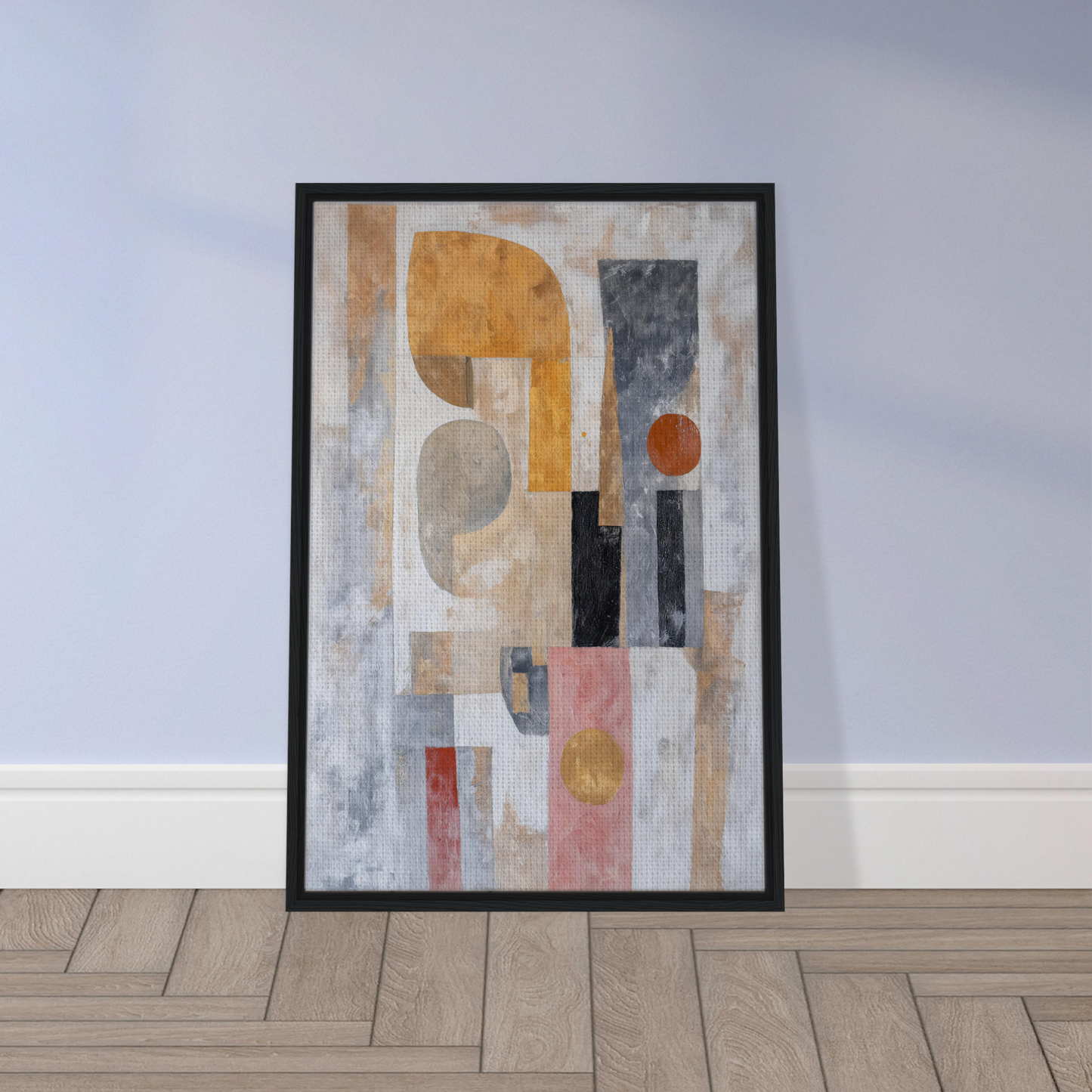 Abstract geometric painting in muted earth tones for Shapes Harmony Reverie room decor