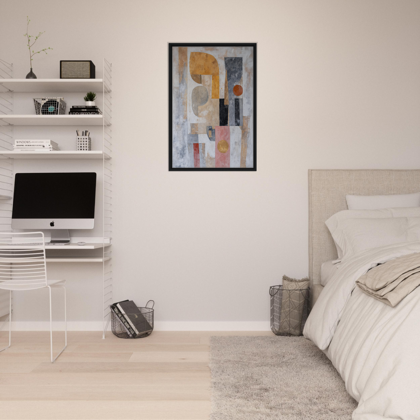 Modern bedroom with Shapes Harmony Reverie decor, featuring a white bed and framed canvas print