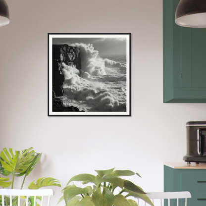 Framed black and white photo of ocean waves in Shattered Liquid Symphony art