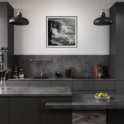 Modern dark gray kitchen featuring Shattered Liquid Symphony art and industrial pendant lights