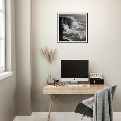 Minimalist wooden desk featuring iMac and pampas grass with Shattered Liquid Symphony art