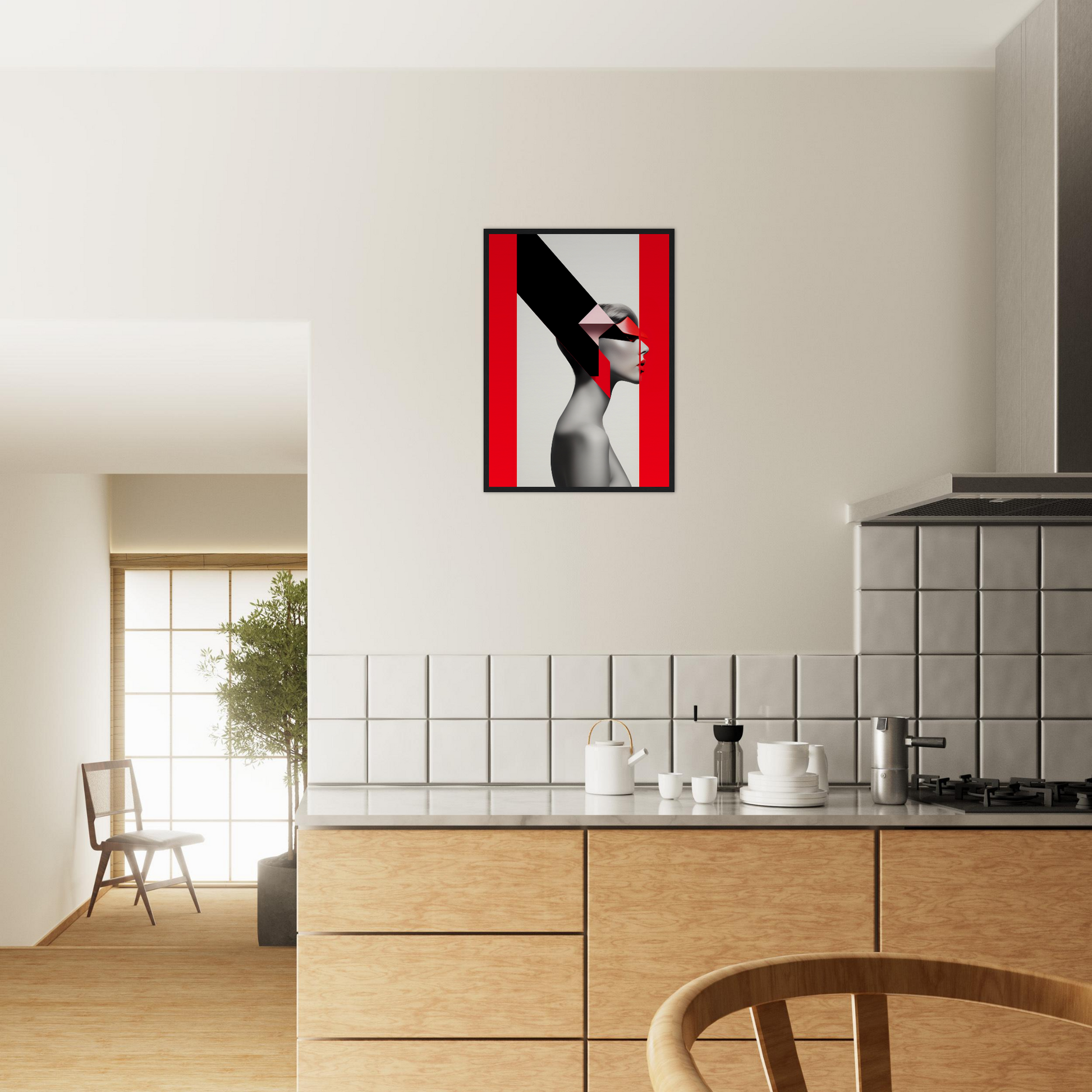 Striking red and black abstract portrait hanging on a white wall.