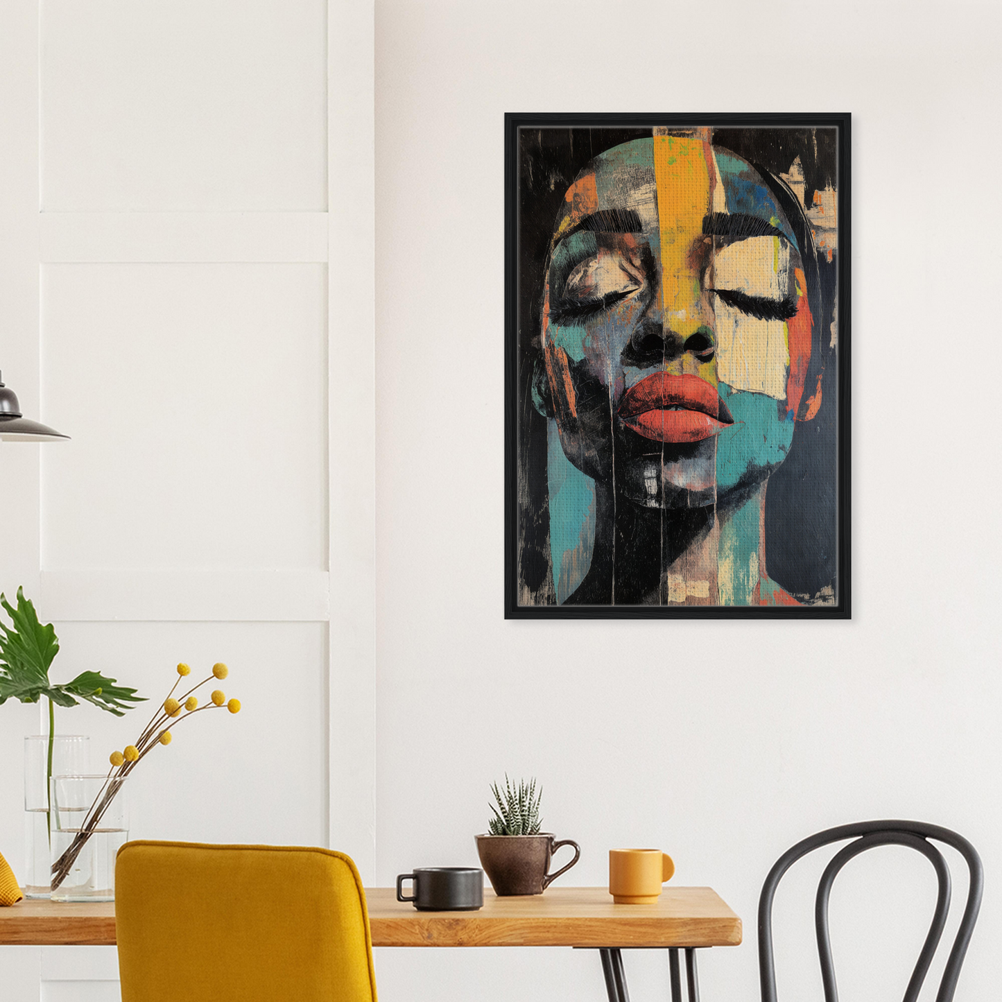 Abstract portrait painting in vibrant colors, framed canvas print of Shiver Blue Dreams