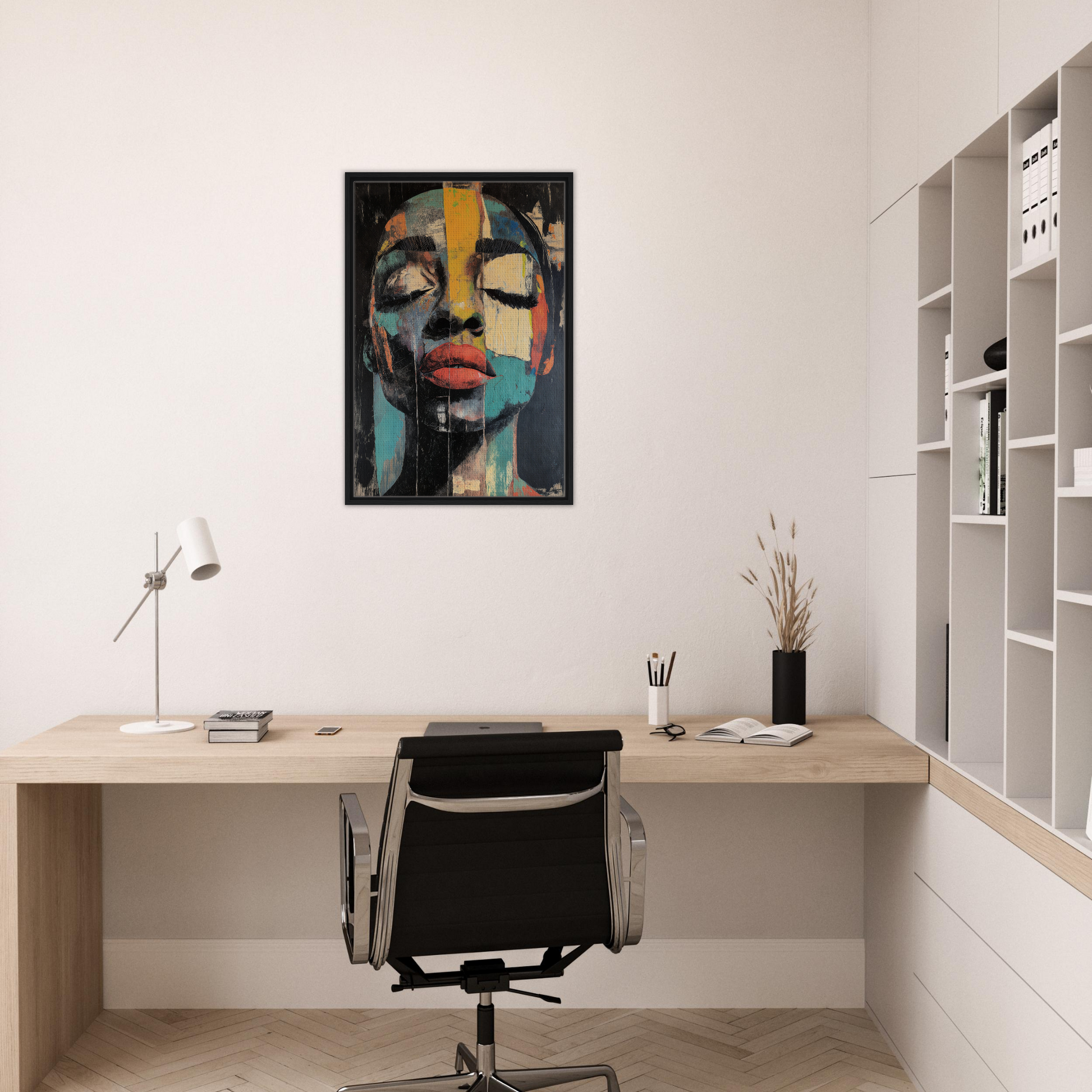 Colorful abstract portrait painting in black frame from Shiver Blue Dreams collection