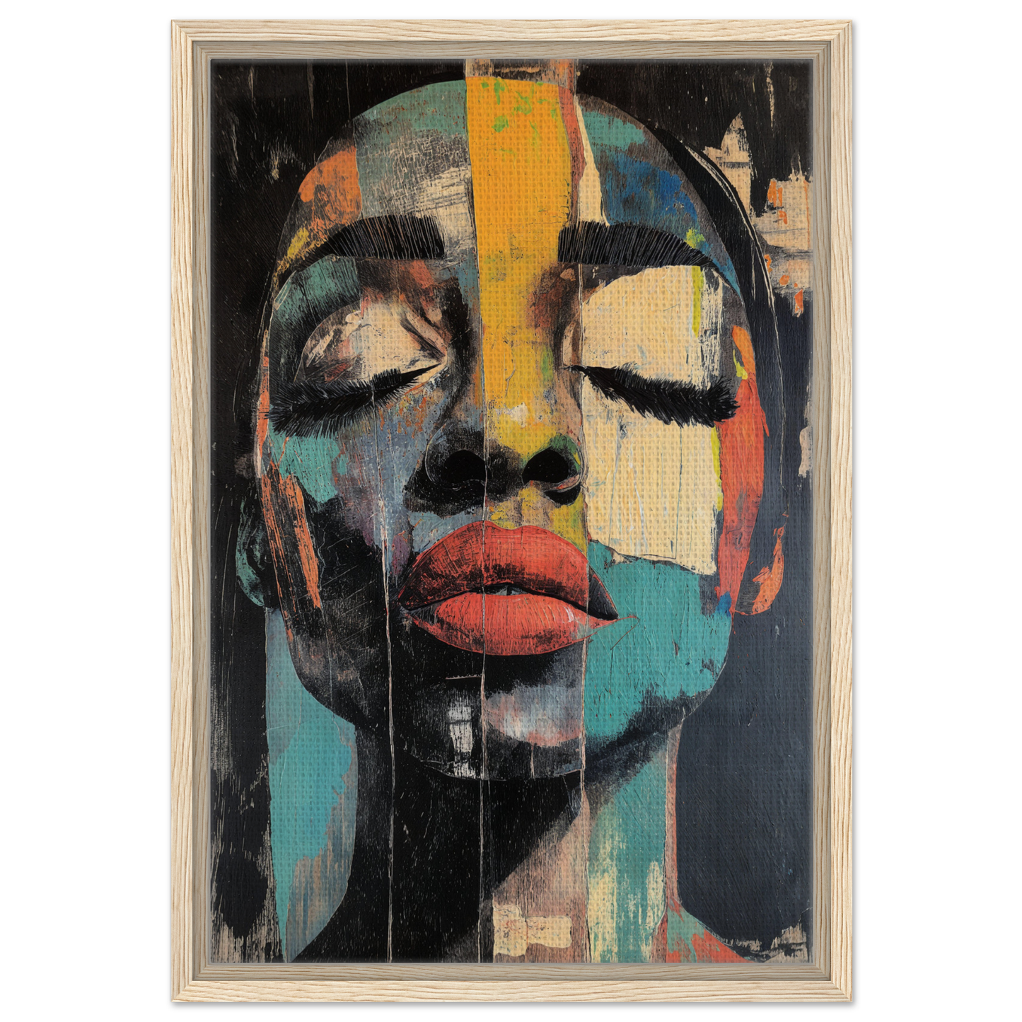 Abstract portrait painting featuring bold geometric shapes in Shiver Blue Dreams framed canvas print