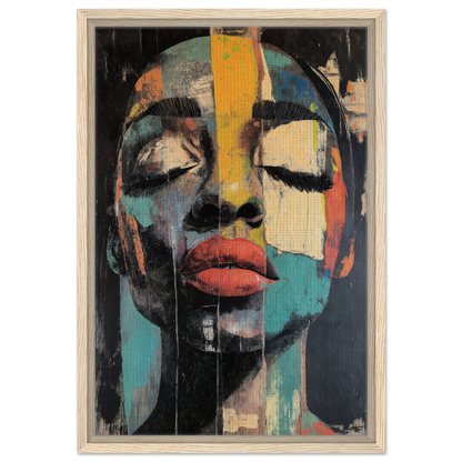 Abstract portrait painting featuring bold geometric shapes in Shiver Blue Dreams framed canvas print