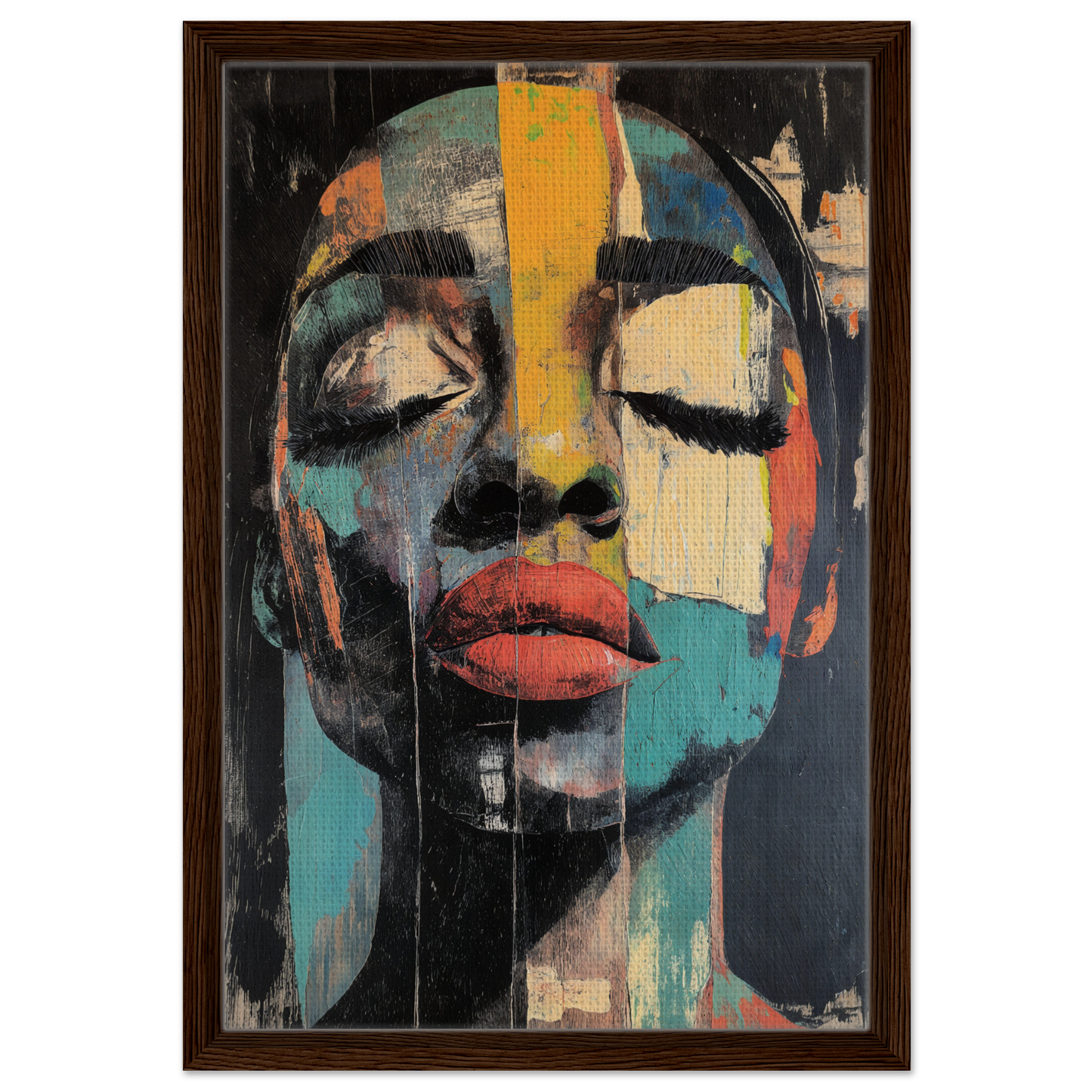 Abstract portrait painting of a face in bold geometric shapes from Shiver Blue Dreams