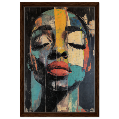 Abstract portrait painting of a face in bold geometric shapes from Shiver Blue Dreams