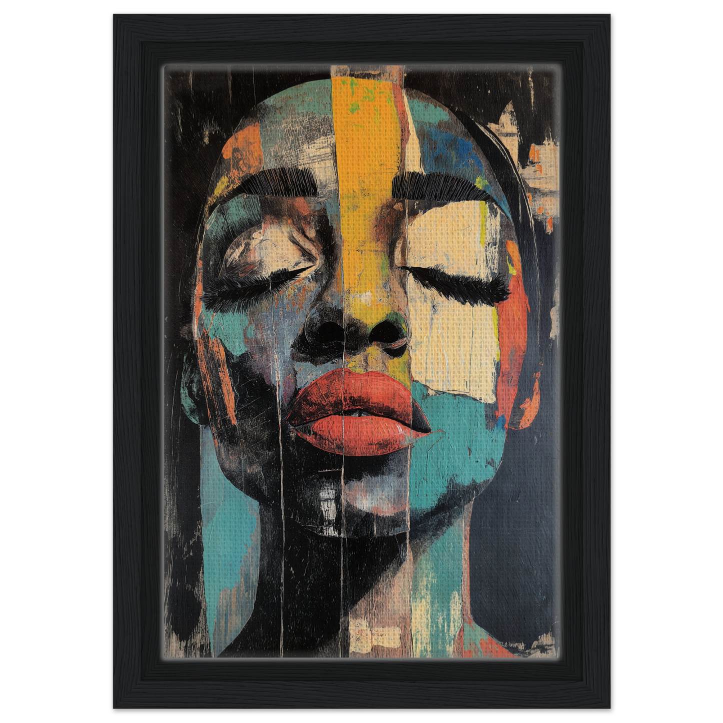 Abstract portrait painting in vibrant colors from the Shiver Blue Dreams framed canvas print