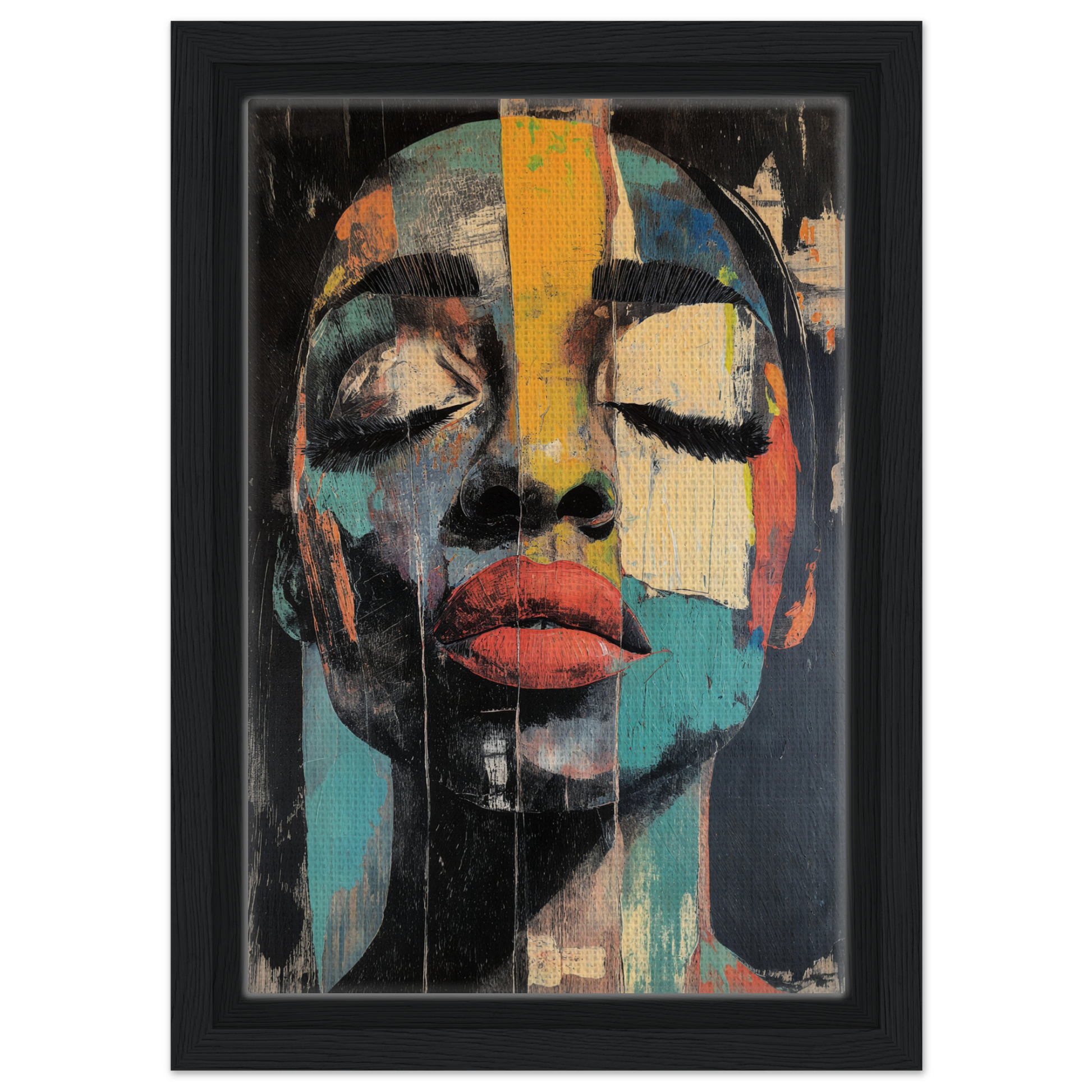 Abstract portrait painting in vibrant colors from the Shiver Blue Dreams framed canvas print