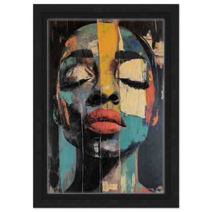 Abstract portrait painting in vibrant colors from the Shiver Blue Dreams framed canvas print