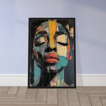 Colorful abstract portrait painting in black frame for Shiver Blue Dreams room decor