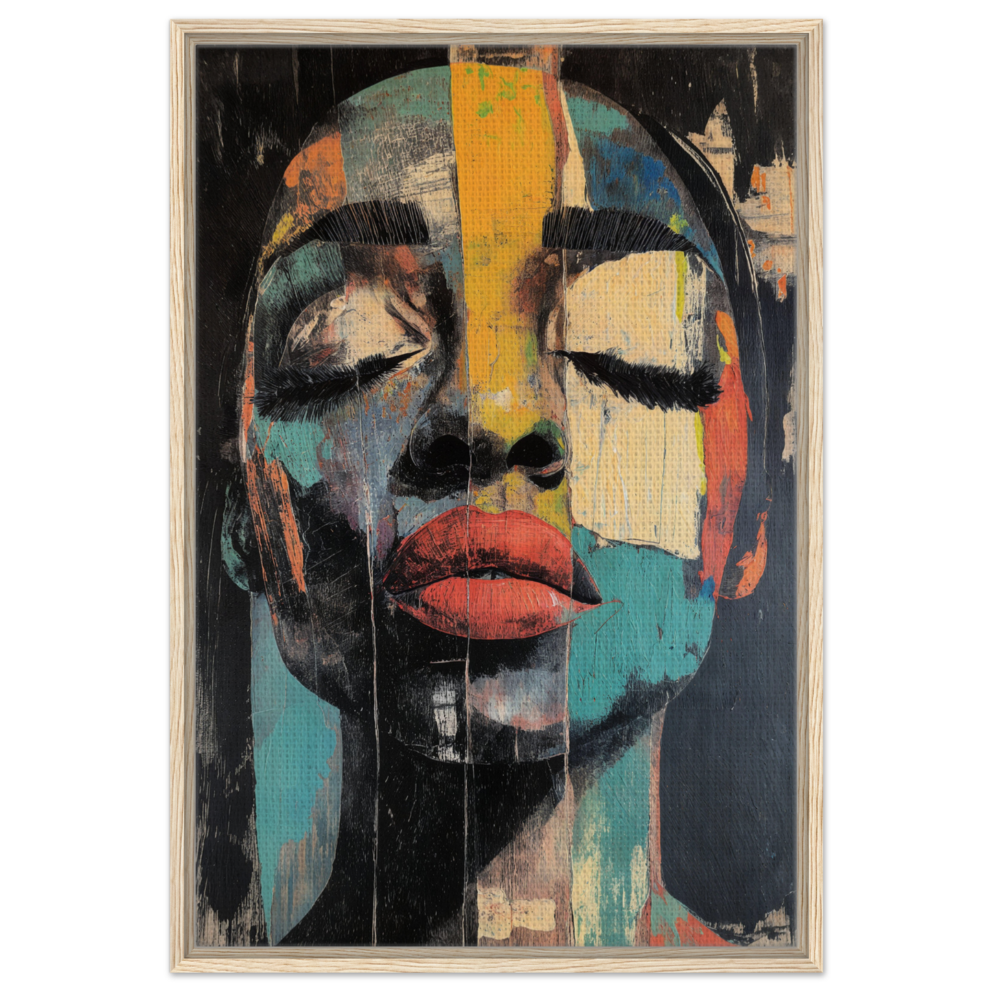 Abstract portrait of a face in bold colors, featured in Shiver Blue Dreams framed canvas print