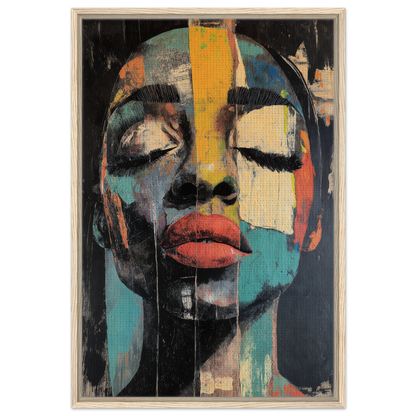 Abstract portrait of a face in bold colors, featured in Shiver Blue Dreams framed canvas print