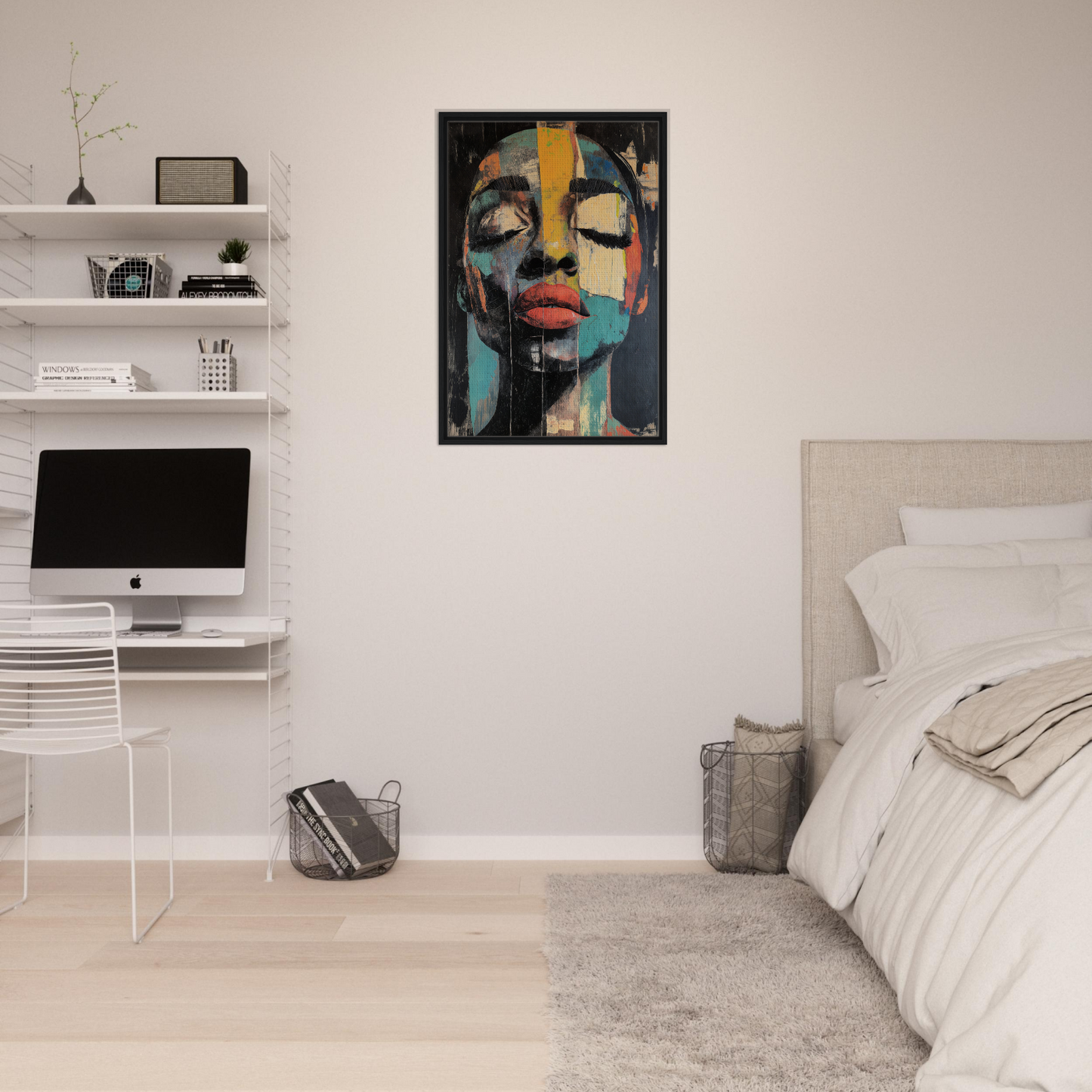 Abstract portrait painting in vibrant colors and geometric shapes for Shiver Blue Dreams framed canvas print