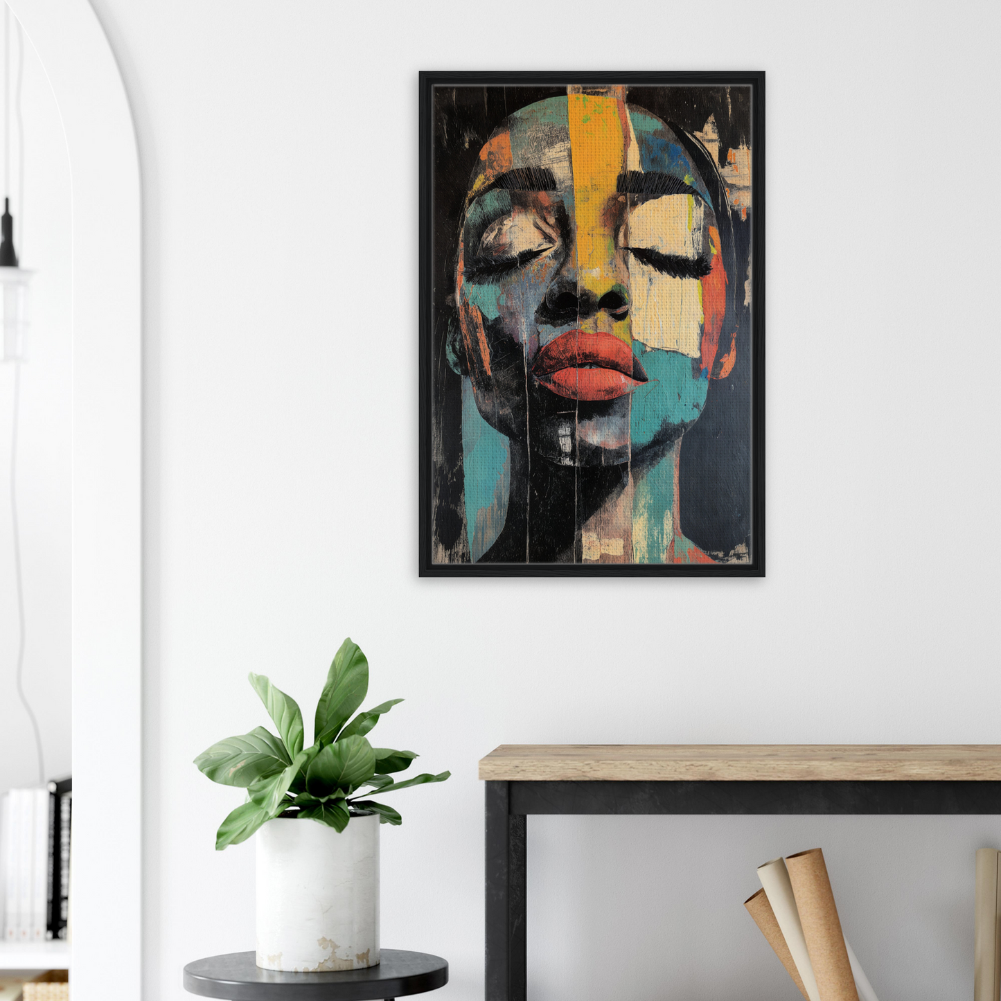 Colorful abstract portrait of a face in framed canvas print Shiver Blue Dreams