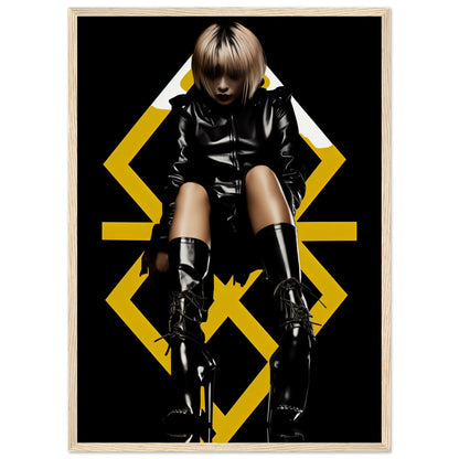 Stylized figure in black leather clothing and boots posed against a geometric yellow background.