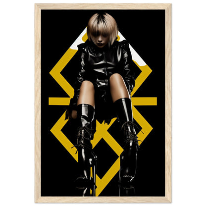 Stylized figure in black leather outfit posed against geometric yellow shapes.