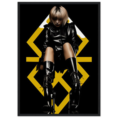 Figure in a black leather outfit and boots seated against a geometric yellow background.