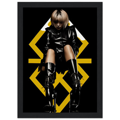 Stylized portrait of a person in black leather clothing and boots against a geometric yellow background.