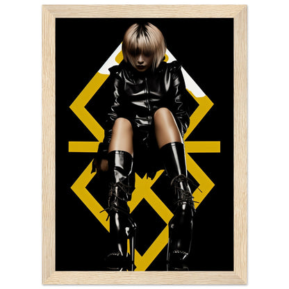 Stylized portrait of a person in black leather clothing and boots against a geometric yellow background.