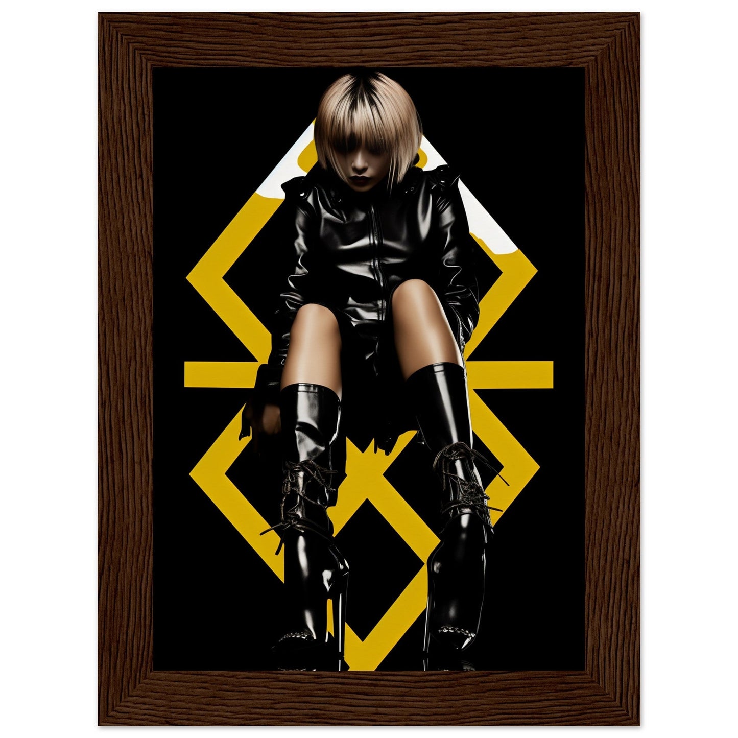 Stylized portrait of a person in black leather clothing and boots against a geometric yellow background.