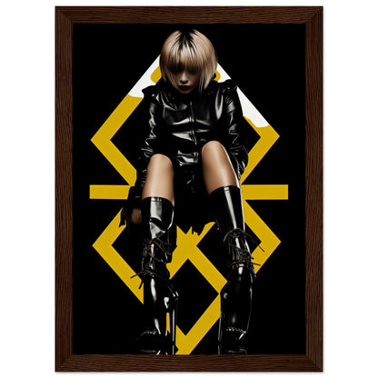 Stylized portrait of a person in black leather clothing and boots posed against a geometric yellow design.