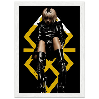 Stylized portrait of a person in black leather clothing and boots against a geometric yellow background.